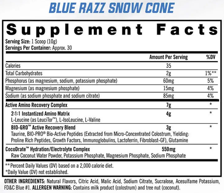 Amino-Gro by iSatori Blue Razz Snow Cone  - Supplement Facts